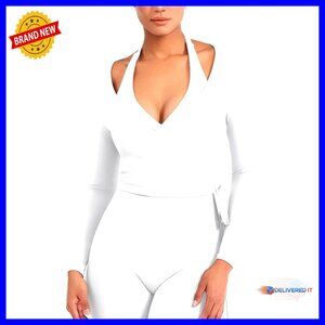 Long Sleeve V-Neck Wrap Top Cropped Yoga Pilates Workout Shirt Slim Fit